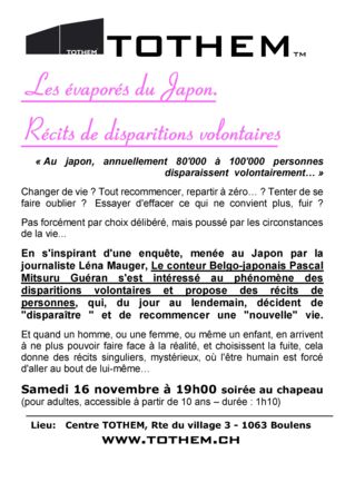 Les évaporés du Japon au Centre TOTHEM av. Pascal Mitsuru Guéran