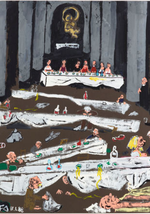 Illustration : Friedrich Dürrenmatt, Fête de Noël à Rome (1988), gouache sur carton, 70 x 99 cm, collection Centre Dürrenmatt Neuchâtel