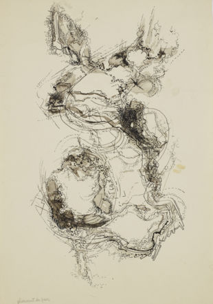 Albert-Edgar Yersin, «Plissement du parc», 1965 - 1970. Encre et lavis sur papier, 26.3 x 18 cm.