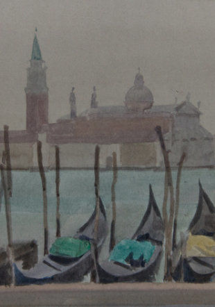 italo De Grandi : Venise gondoles et St Georges, aquarelle sur papier