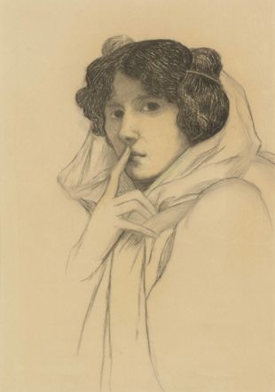 Marguerite Burnat-Provins, Autoportrait (Le Silence), s.d. vers 1904, fusain et pastel sur papier, 65 × 50 cm, Collection privée