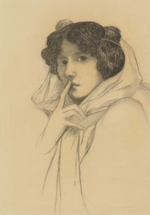 Marguerite Burnat-Provins, Autoportrait (Le Silence), s.d. vers 1904, fusain et pastel sur papier, 65 × 50 cm,  Collection privée