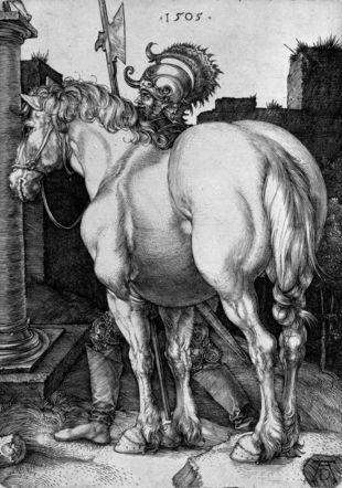 Albrecht Dürer, Le Grand Cheval, 1505, Burin sur papier vergé, 167 × 119 mm, Cabinet cantonal des estampes, Fonds des estampes du Professeur Pierre Decker, Musée Jenisch Vevey, Acquisition de la commission Decker.