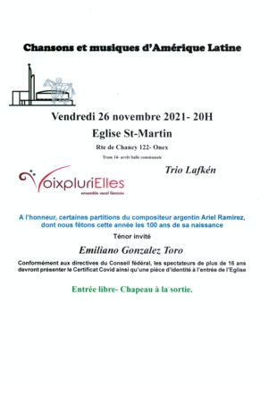 Le titre mentionne le concert à l’Eglise Saint Martin d’Onex, de Chansons et Musiques d'Amérique-Latine avec les artistes invités : L'ensemble Vocal Féminin VoixpluriElles, le trio des musiciens latino-américains Lafkén, et le nom du ténor genevois invit