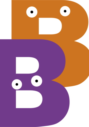 Picto de 2 lettres "B" oranges et violettes avec des yeux