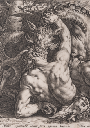 Hendrick Goltzius d’après Cornelis van Haarlem, Le Dragon dévorant les compagnons de Cadmus, 1588, burin sur papier vergé filigrané. Musée Jenisch Vevey – Cabinet cantonal des estampes, collection de l’État de Vaud