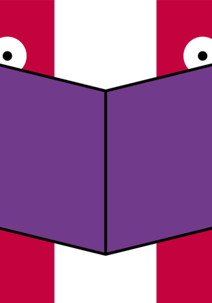 Logo d'un H rouge avec des yeux qui lit un livre violet