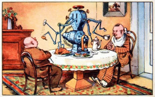 Die Essmaschine (La machine à repas), carte commerciale de chromolithographie pour la margarine Echte Wagner, série Humoristische Technik, 1930, Allemagne