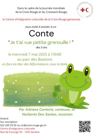 Une petite grenouille verte devant un jardin pour informer d'une lecture de conte au parc des bastions le mercredi 7 mai de 15h à 16h.