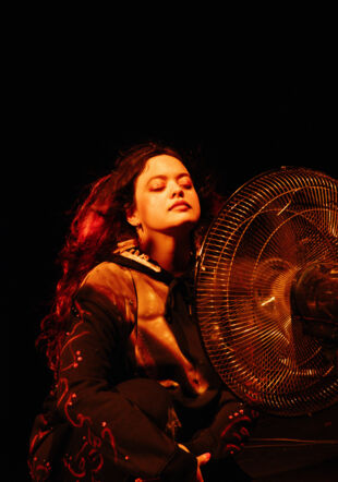 Il s'agit e l'artiste lors e la performance qui tend son visage les yeux fermés vers un ventilateur qui souffle dans ses sons cheveux. Julie Folly