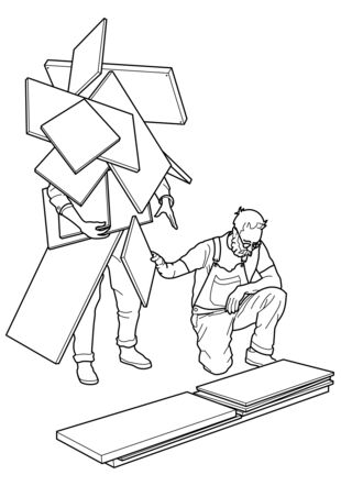 Visuel en noir et blanc d'un croquis où l'on voit une personne entrain de réfléchir pour construire une armoire et la deuxième personne encombrée e tout le matériel que la première personne lui passe aveuglément. Visuel en noir et blanc d'un croquis où l'on voit une personne entrain de réfléchir pour construire une armoire et la deuxième personne encombrée e tout le matériel que la première personne lui passe aveuglément.