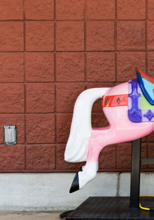 C'est l'arrière train d'un cheval de manege en plastique coloré. Celui qu'on peut faire fonctionner avec une pièce, mais la prise est debranchée © Magali Dougados