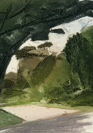 Albert Chavaz (1907-1990)  Chemin bordé d’arbres, 1985, eau-forte, aquatinte et roulette sur papier vélin Arches, 128 x 186 mm Musée Jenisch Vevey - Cabinet cantonal des estampes, Fondation William Cuendet & Atelier de Saint-Prex © ProLitteris, Zurich, 2025  Photographie : Musée Jenisch Vevey