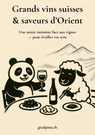 Affiche de l’événement “Flavors of the Orient & Fine Swiss Wines” à Chamoson – dégustation de vins suisses, menu oriental et dîner gastronomique. © gtsalpina 2025