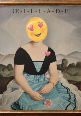  Paul-Théophile Robert, Jeune fille à l’œillet, 1922. © Collection MBAL. Intervention : Plonk-Théodule Bébert, Œillade, 2025. © Plonk & Replonk-Bébert.